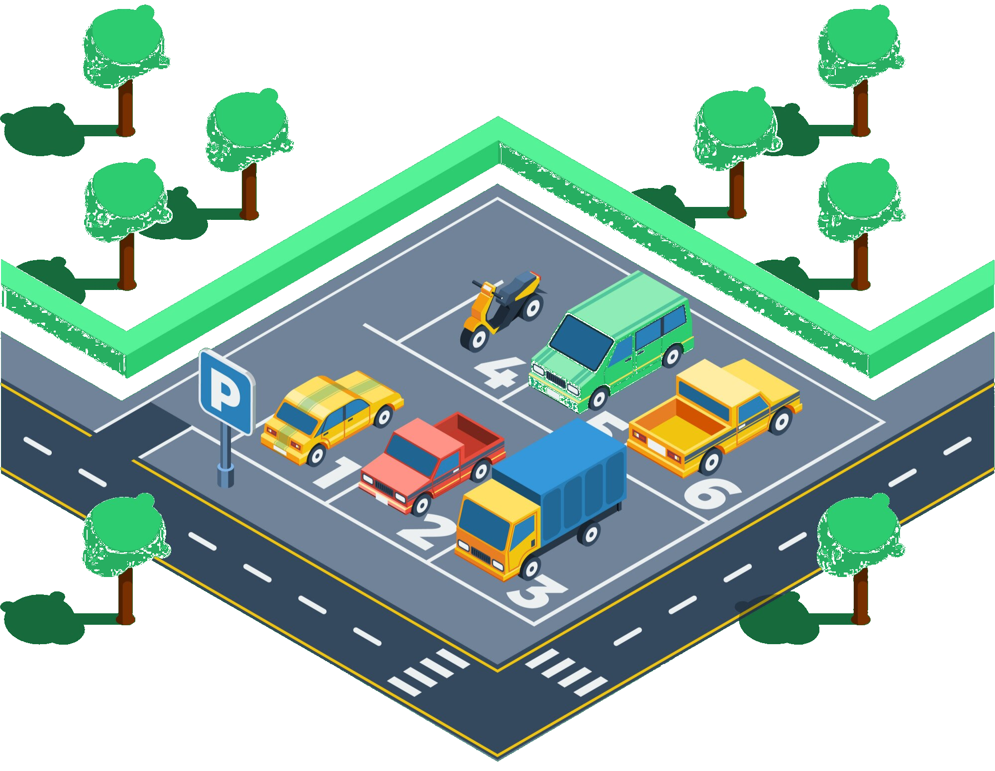 Illustration einer Parkfläche mit Fahrzeugen und Fußgängern