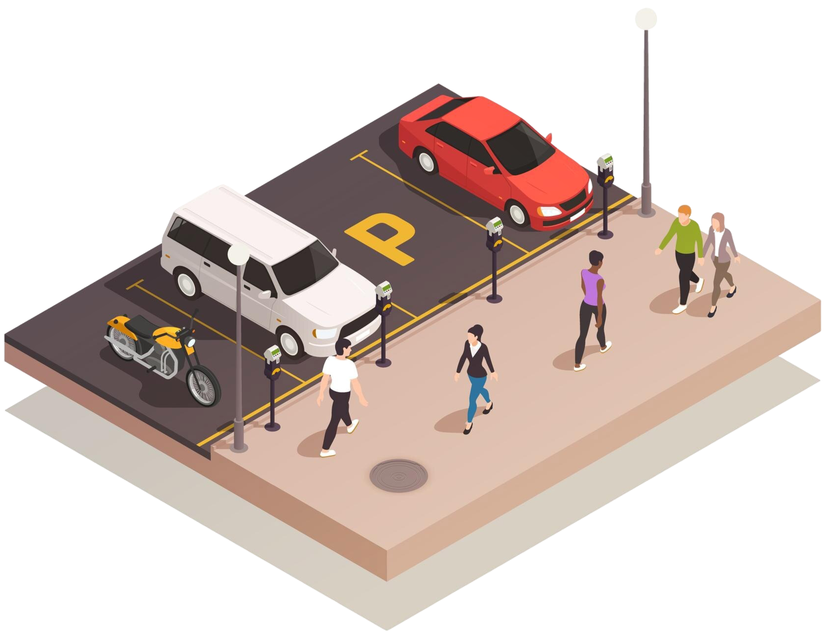 Illustration einer Parkfläche mit Fahrzeugen und Fußgängern