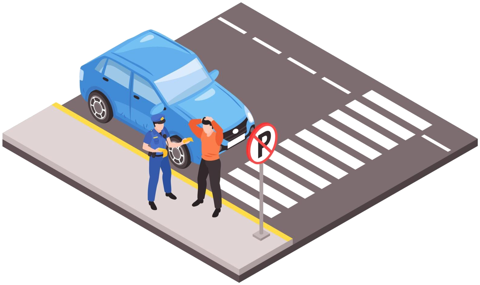 Illustration einer Parkfläche mit Fahrzeugen und Fußgängern